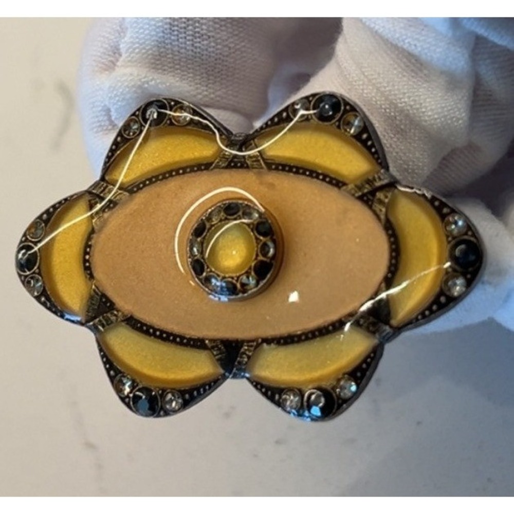 Vintage Unsigned Catherine Popesco Brooch Enamel Rhinestones Yellow
